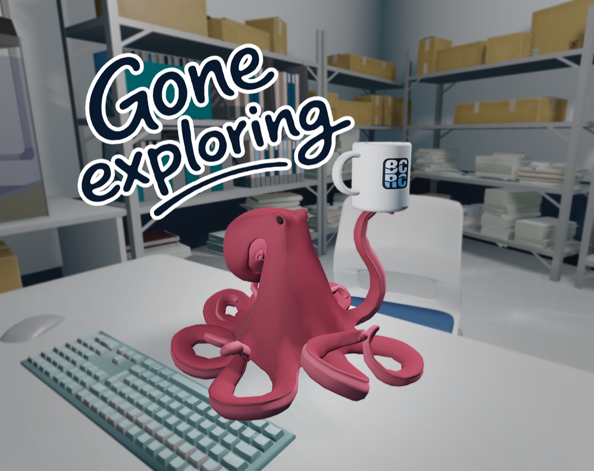 The octopus exploring an office desk at the Blue Current Research Centre