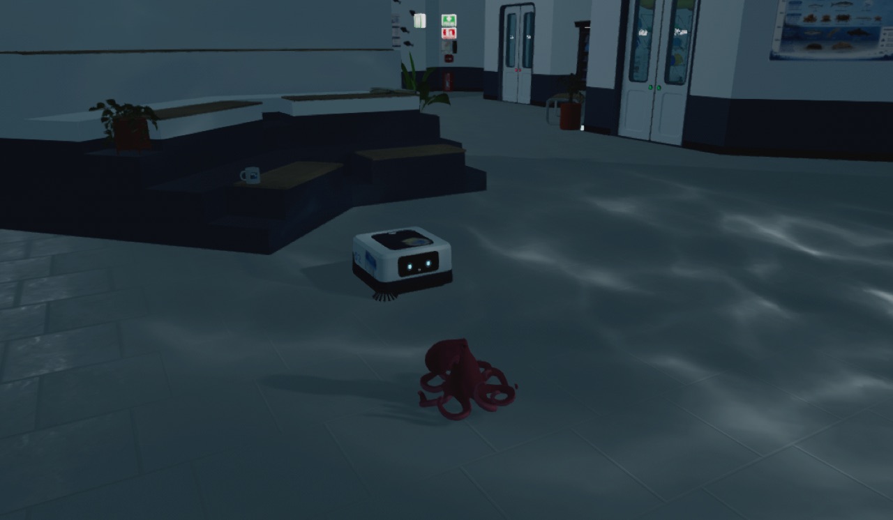 Exploring a dark hall at night